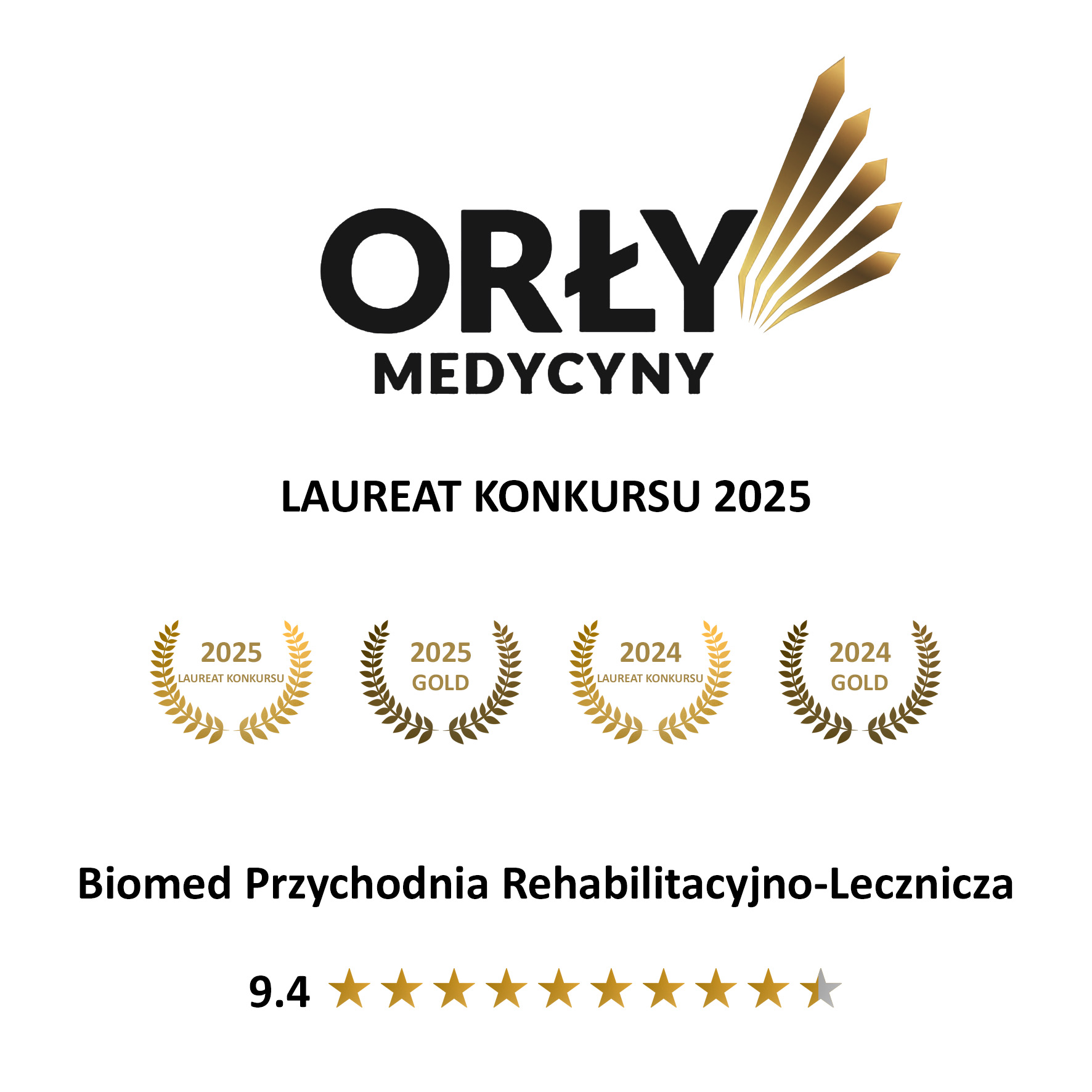 Informacja o wyróżnieniu przychodni Biomed w konkursie Orły Medycyny 2025 z oceną 9,4